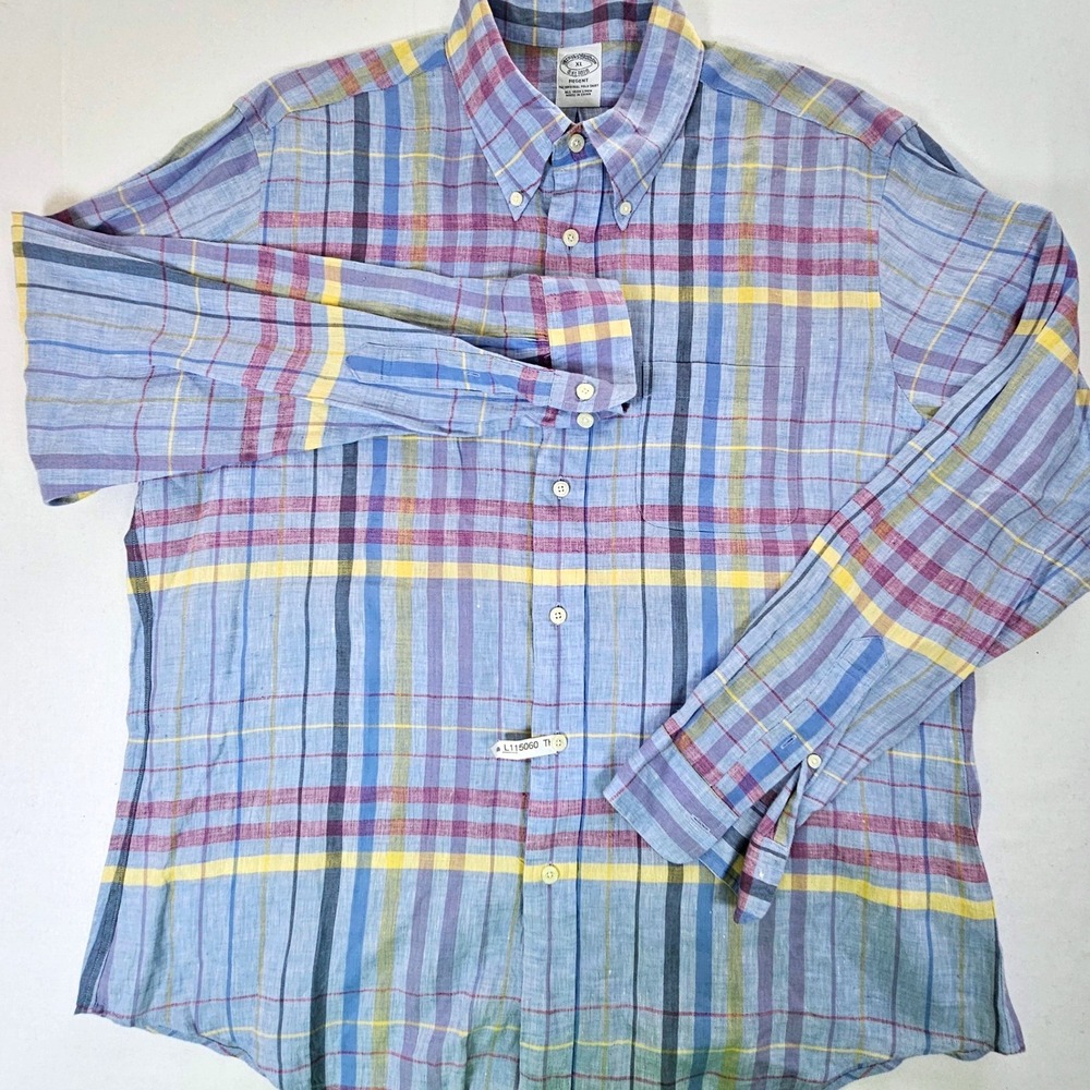 Brooks Brothers Regent All Irish Linen Plaid Button Down Shirt Mens XL Blue